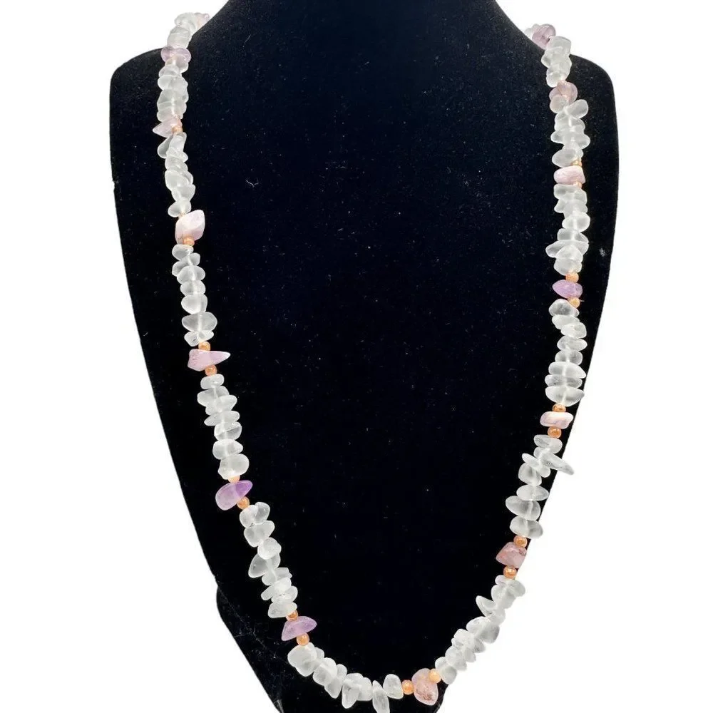 Vintage Sea Glass and Amethyst Beaded Long Necklace 31 Inch